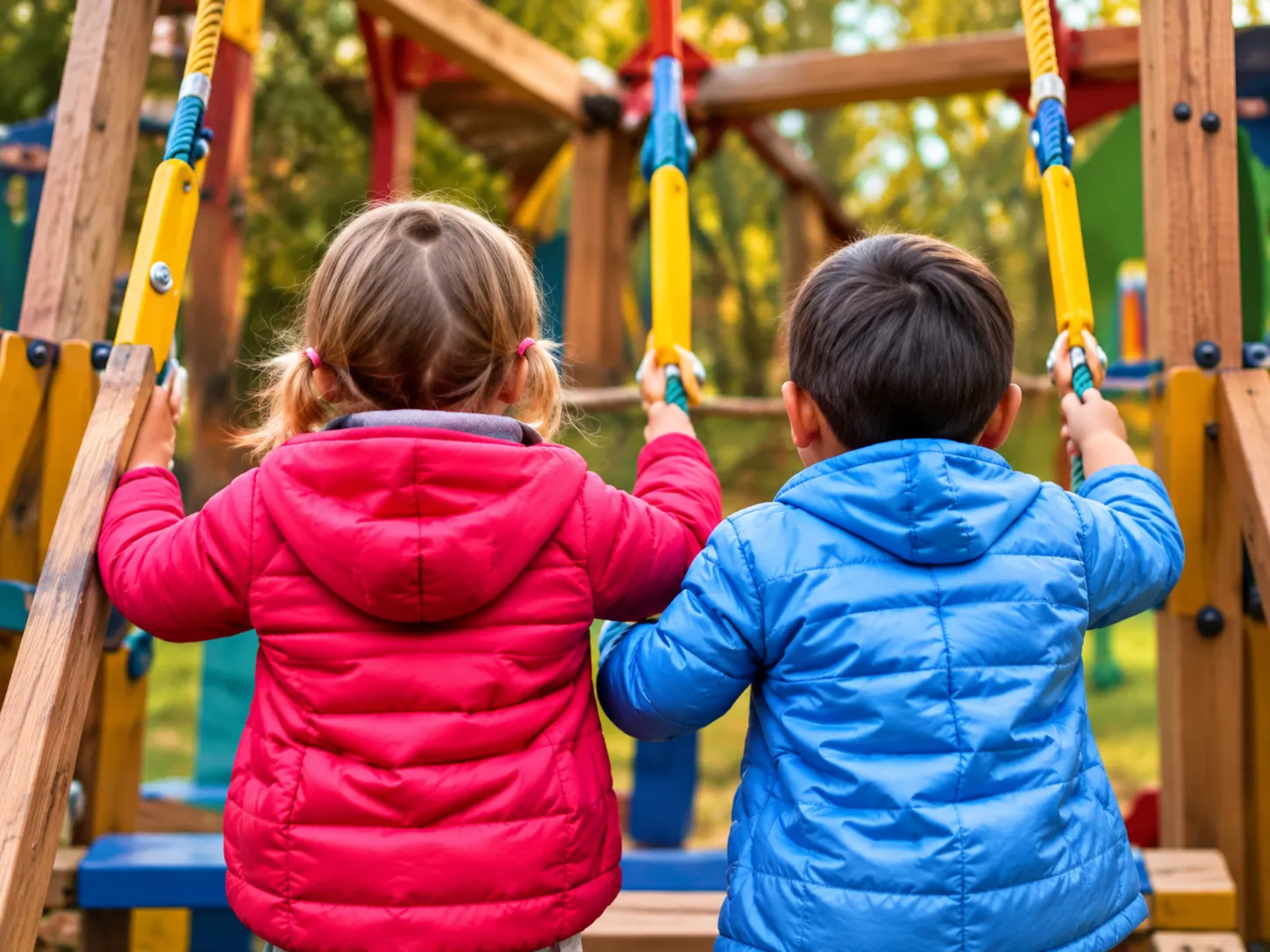Two children holding the ropes of a wooden climbing frame