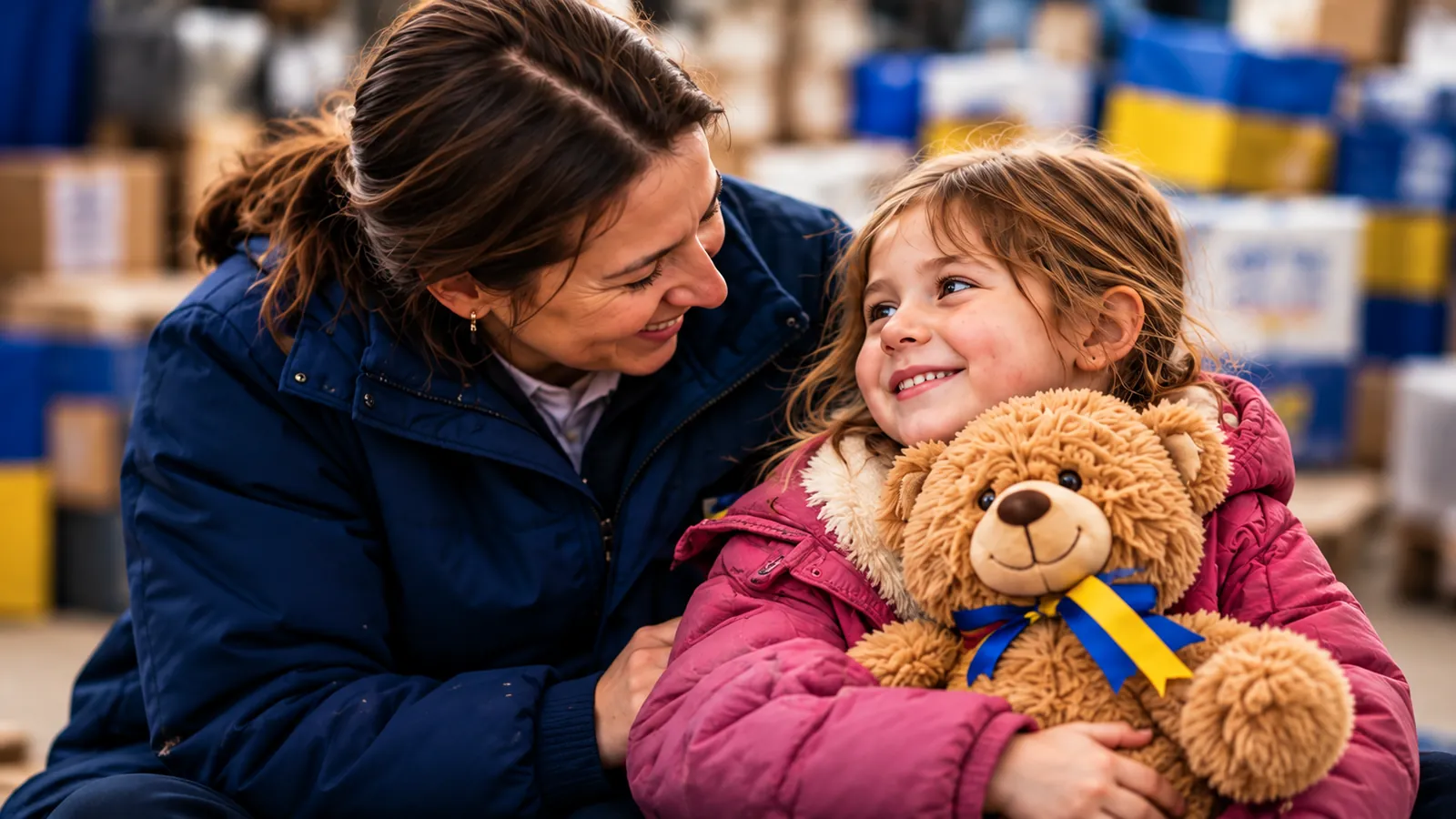 A child hugging a teddy bear tied with a blue and yellow ribbon
